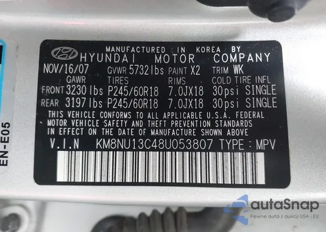 2008 Hyundai Veracruz Gls/Limited/Se из США, поврежденный, VIN KM8NU13C48U053807